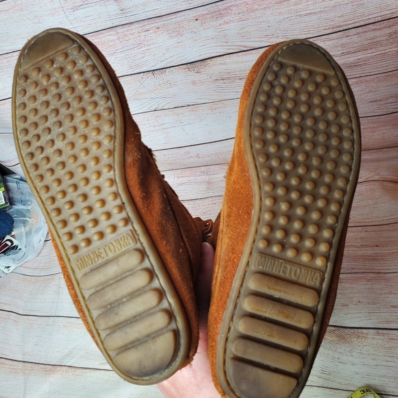 Minnetonka 1422 Brown Leather Knee High Fringe Moccasin Boots Womens Sz 8 - Picture 15 of 16